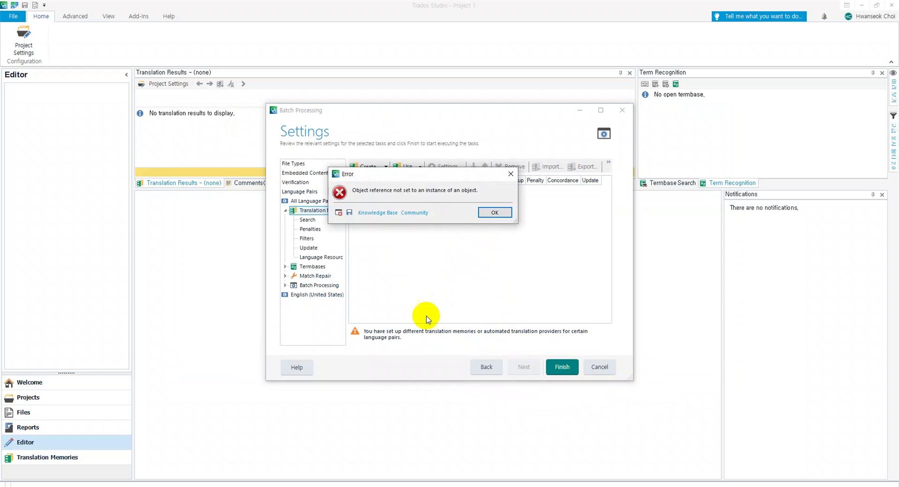 Trados Studio error dialog box with message 'Object reference not set to an instance of an object' over the settings window.