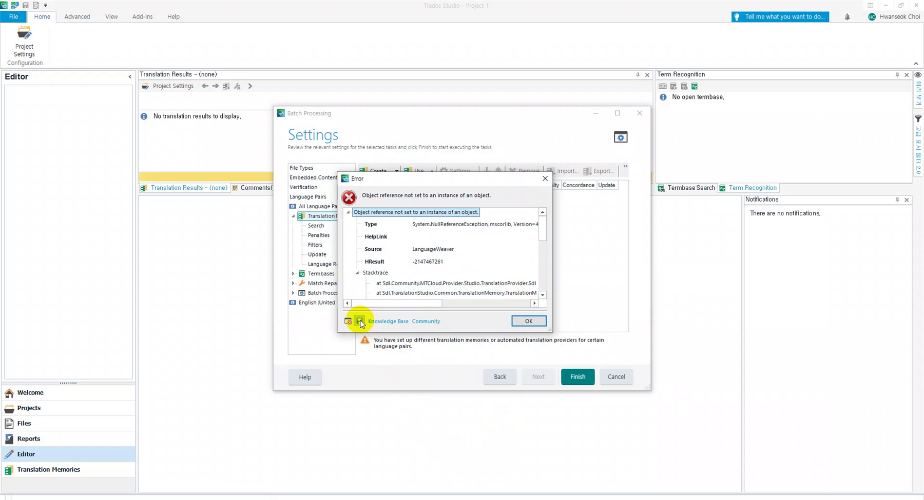 Trados Studio error dialog box showing details of a System.NullReferenceException from LanguageWeaver source.