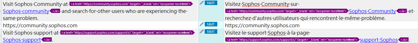 Screenshot of Trados Studio showing a hyperlink error in English with a warning icon indicating an issue with dragging and dropping HTML files.