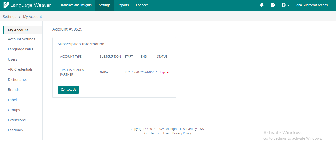 Screenshot of Language Weaver account settings showing Subscription Information with an expired status for TRADOS ACADEMIC PARTNER, subscription number 99869, start date 20230607, end date 20240607, and a 'Contact Us' button.