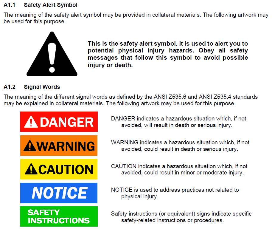 Section A1.1 titled Safety Alert Symbol, with a black exclamation point inside a yellow triangle, indicating a symbol to alert of potential physical injury hazards.