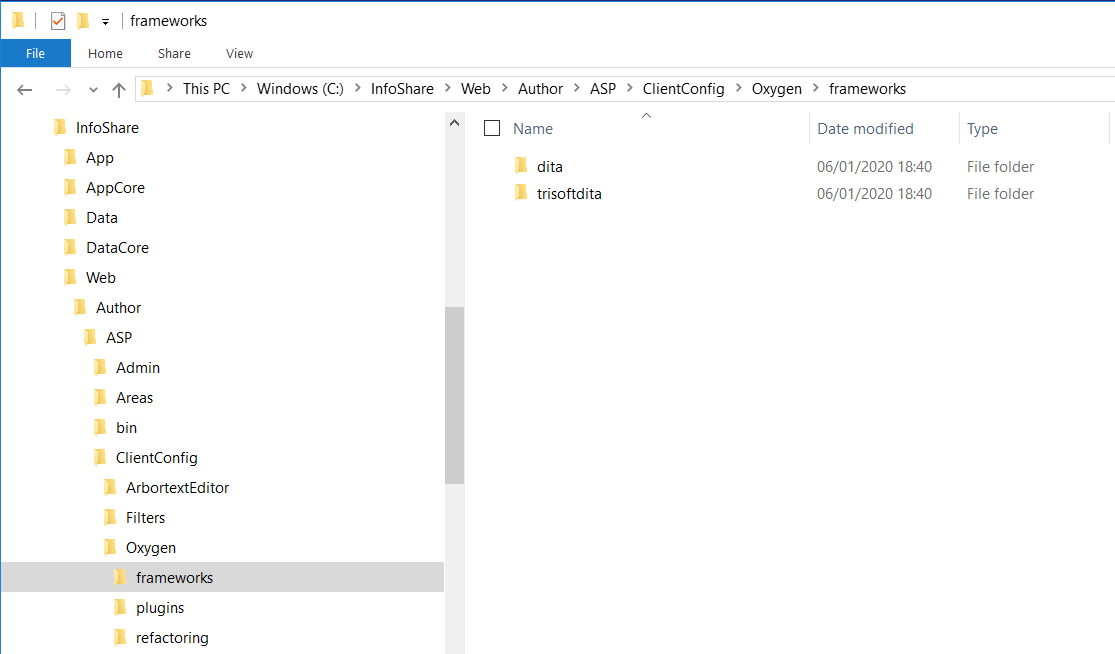 File Explorer window showing two folders named 'dita' and 'trisoftdita' within the directory path 'C: InfoShare Web Author ASP ClientConfig Oxygen frameworks'. Both folders have a 'Date modified' of '06012020 18:40' and are of type 'File folder'.