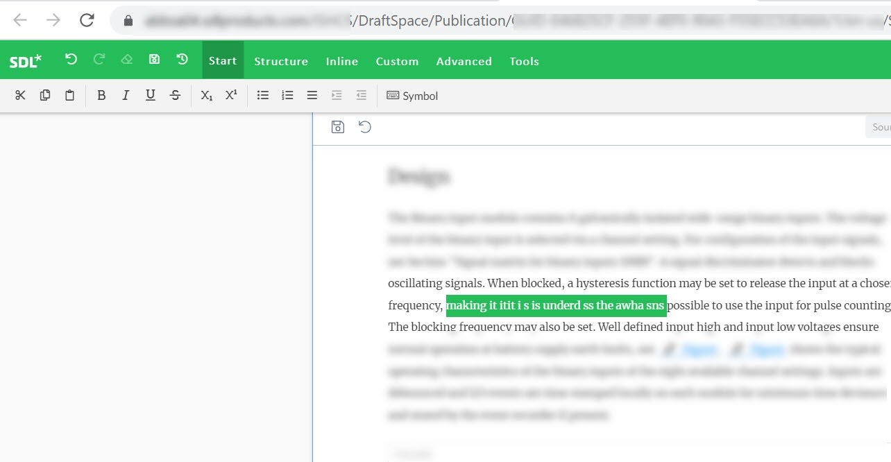Screenshot of Trados Studio DraftSpace with a highlighted text error, 'making it tit it is undrd ss the awha sns' instead of a coherent sentence.
