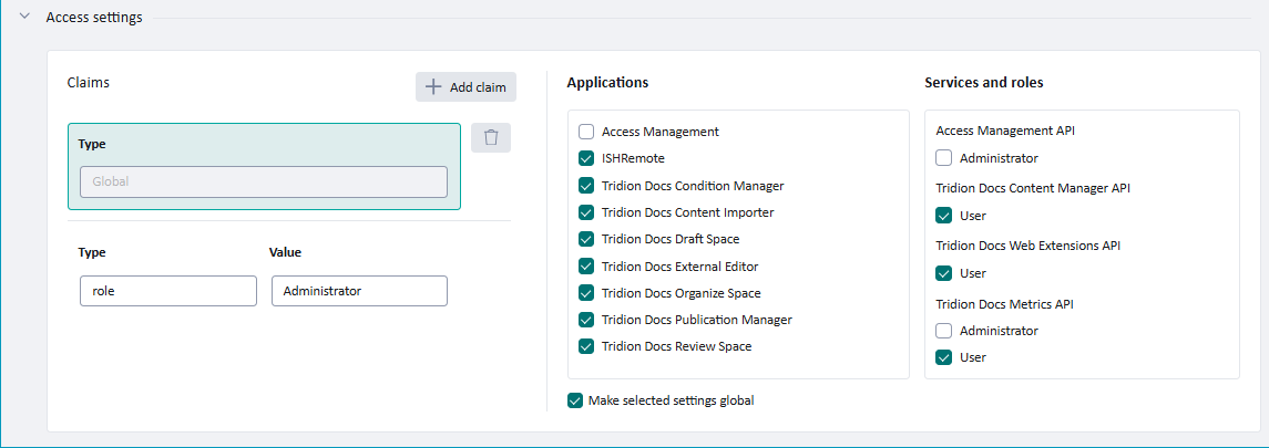 Access settings screen showing claims with type set to 'role' and value set to 'Administrator'. Applications and services have checkboxes, some checked, including 'Tridion Docs Content Manager'.
