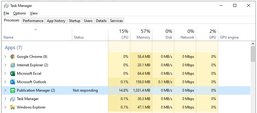 Screenshot of Task Manager showing Publication Manager (2) not responding with 14.8% CPU and 1,031.4 MB memory usage.