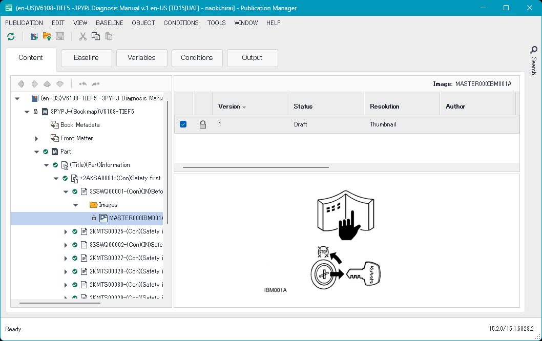 Screenshot of the Publication Manager displaying an image labeled 'MASTER000IBM001A' with a draft status, showing a manual icon, a hand pointing, and a key with a stop symbol.