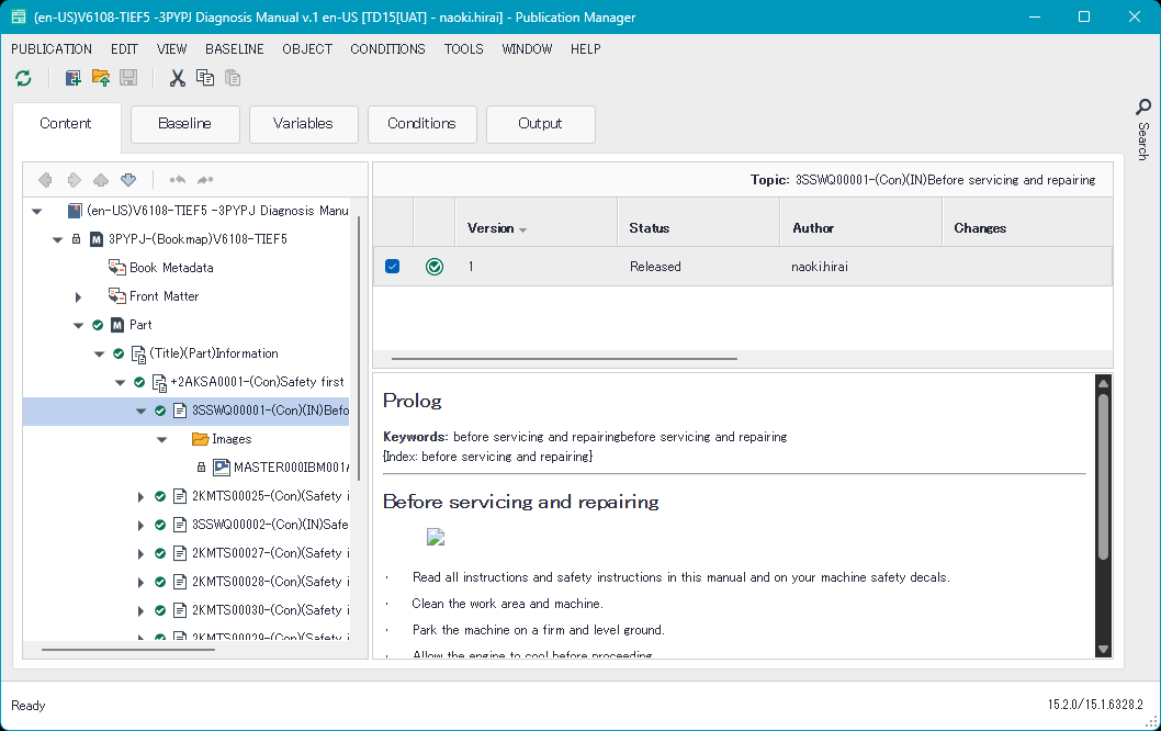 Screenshot of the Publication Manager showing a topic titled 'Before servicing and repairing' with a prolog and safety instructions listed.