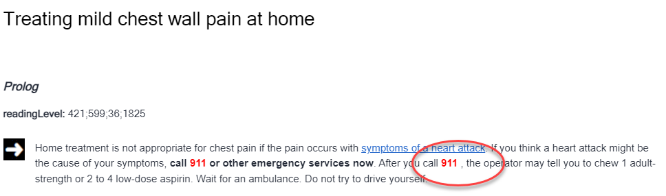 Screenshot of Trados Studio's web client showing a preview of a document with the text 'Treating mild chest wall pain at home' followed by a paragraph. The 'hwEmergencyNumber' tag is replaced with '911' in red and bold without a space after the comma.