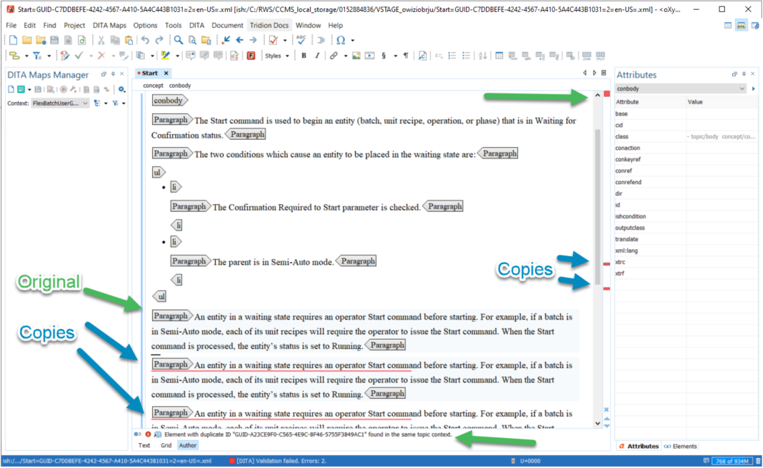 Screenshot of an XML editor with 'Start command' content showing original and copied paragraphs, arrows indicating duplication, and a validation error message for duplicate GUIDs.