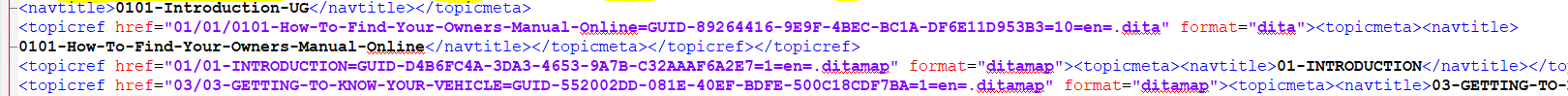 Screenshot of XML code before import with mixed case href values in topicref tags, such as '0101-UGnavtitle' and '0101-INTRODUCTION-GUID'.