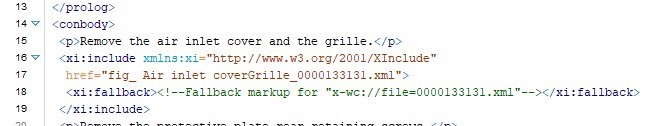 XML code snippet with an XInclude reference to an external XML file, including fallback markup for an image.