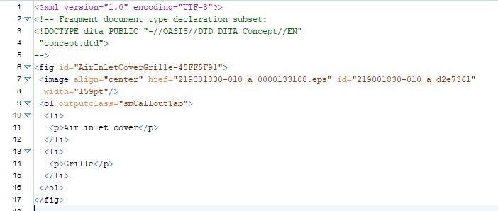 XML code snippet showing a DITA document with an image reference and callout list for 'Air inlet cover' and 'Grille'.