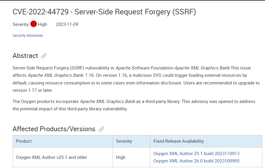 Security advisory detailing a high severity Server-Side Request Forgery (SSRF) vulnerability in Apache XML Graphics Batik 1.16, recommending upgrade to version 1.17 or later. Lists affected Oxygen XML Author products with fixed release availability.