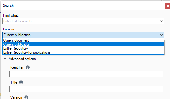 Trados Studio search dialog box with options to find text within 'Current document', 'Current publication', 'Entire Repository', or 'Entire Repository for publications'.