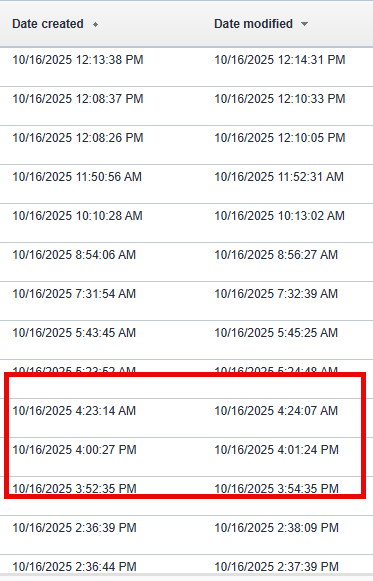 A screenshot showing a table with columns 'Date created' and 'Date modified'. Rows are sorted by time, with a red box highlighting entries from 4:23:14 AM, 4:00:27 PM, and 3:52:35 PM.