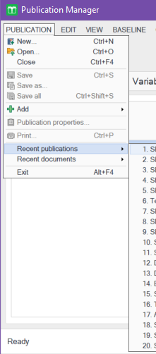 Trados Studio Publication Manager window showing menu options with 'Recent publications' submenu open, displaying a list of 20 recent publications.