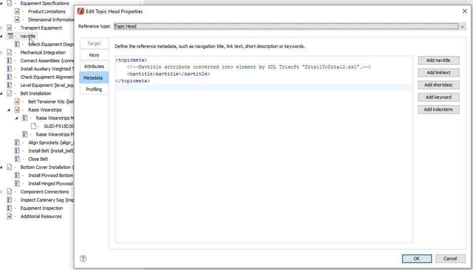 Trados Studio Edit Topic Head Properties dialog box showing a comment in the Metadata section indicating 'navtitle' attribute converted into element by SDL Trisoft.