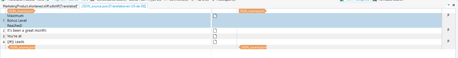 Trados Studio interface showing a segment with text 'Maximum Bonus Level Reached!' in one line, followed by a segment with text 'It's been a great month!' and another with 'You're at ((#)) Leads'.