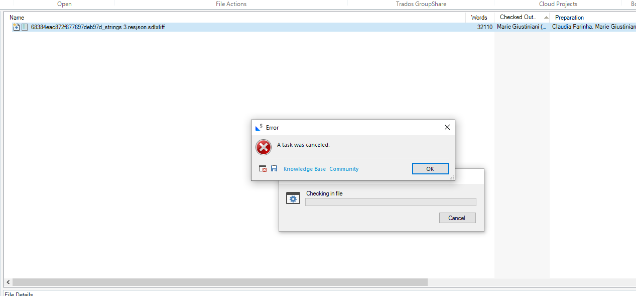Screenshot of Trados Studio 2024 showing an error message with a red cross icon stating 'A task was canceled.' Below are links to 'Knowledge Base' and 'Community,' and an 'OK' button.