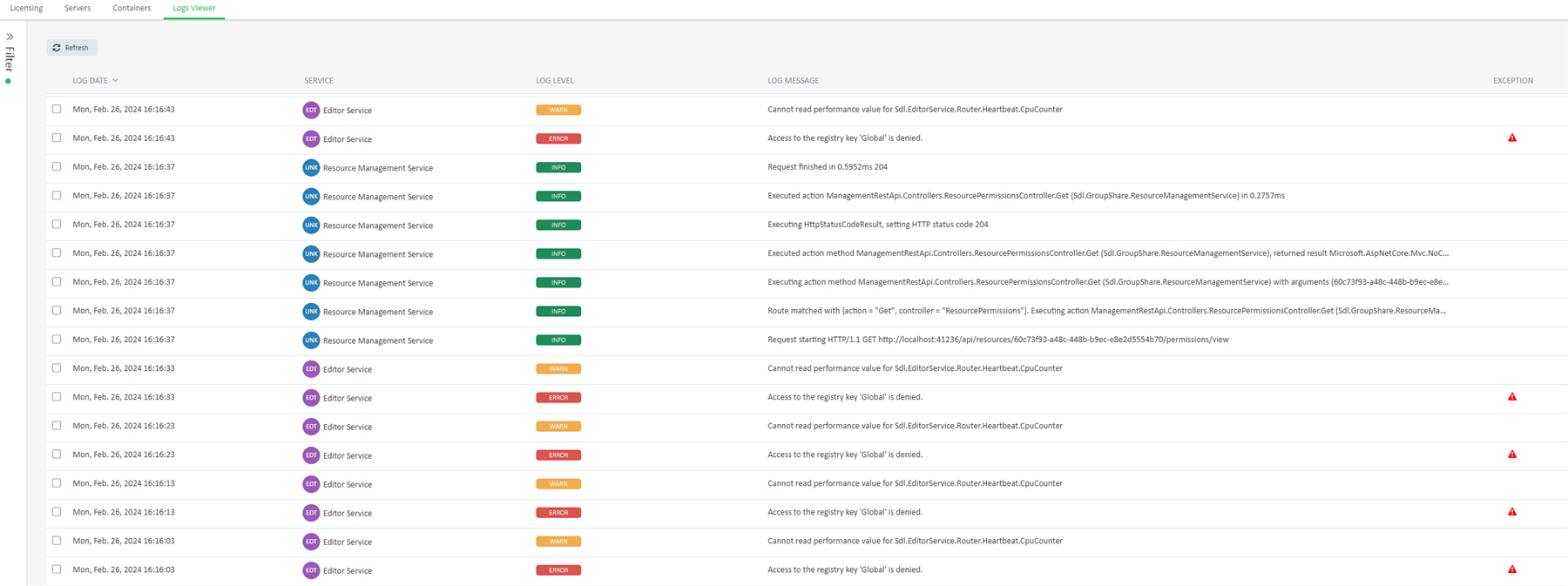 Screenshot of a logs viewer interface showing a list of log entries. Two entries from the Editor Service display warnings about being unable to read performance value for a CPU counter. Multiple entries from the Editor Service show an error stating access to the registry key 'Global' is denied.