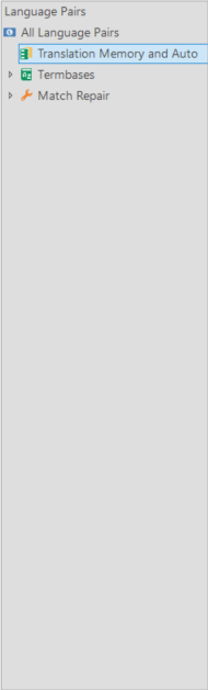 Screenshot of the Language Pairs menu showing options: All Language Pairs, Translation Memory and Auto, Termbases, and Match Repair.
