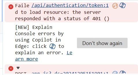 Close-up screenshot of the browser console showing a 401 Unauthorized error for 'apiauthenticationtoken' and a message about using Copilot in Edge to explain console errors.