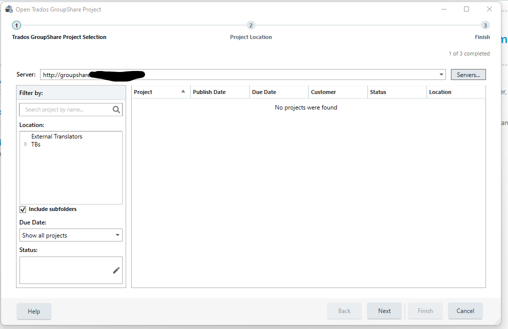 Trados GroupShare Project Selection screen with an empty project list, server URL visible, and 'No projects were found' message displayed.