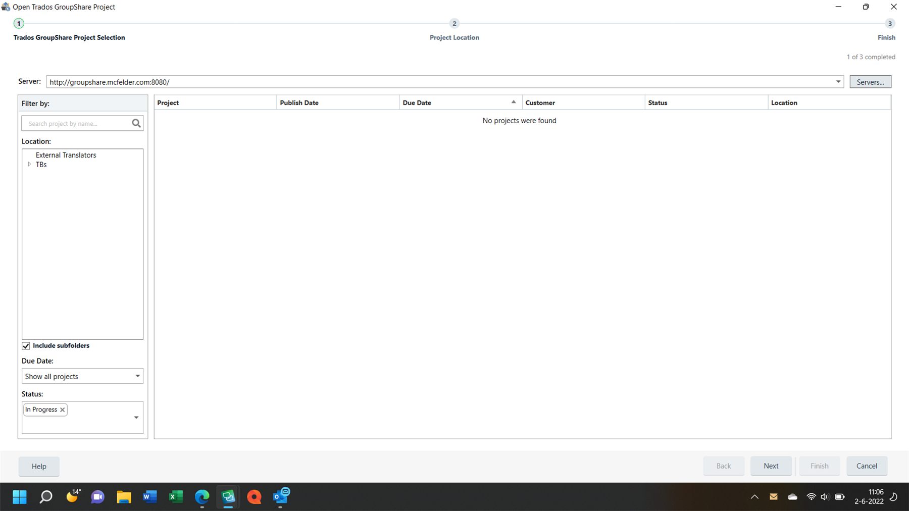 Trados GroupShare Project Selection window showing no projects found with a filter set to 'In Progress' under the 'Status' dropdown menu.