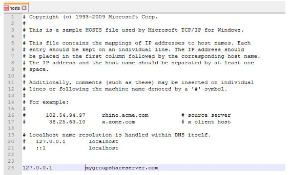 Screenshot of a HOSTS file with entries for localhost and an external server address. The localhost is set to 127.0.0.1 and the external server is listed as 'hygroupshareserver.com' with the same IP address.