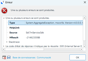 Error dialog box with a message 'Une ou plusieurs erreurs se sont produites' and details about a System.AggregateException error.