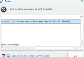 Error dialog box showing a System.AggregateException with a public key token detail visible.