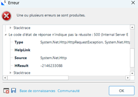 Error dialog box with a message indicating a 500 Internal Server Error and details about a System.Net.Http.HttpRequestException error.
