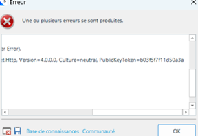 Error dialog box showing a System.Net.Http.HttpRequestException with a public key token detail visible.