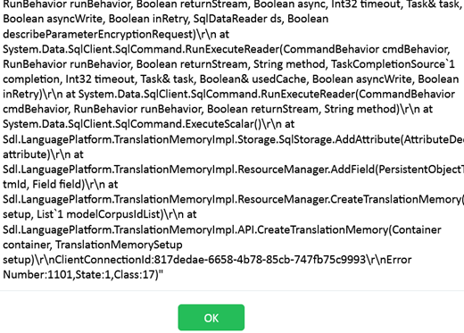 Continuation of the error message with technical details about the system's failure to execute database commands, ending with an 'OK' button.