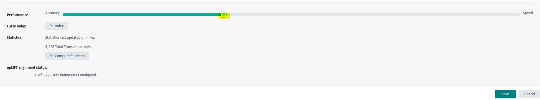 Screenshot of the Performance slider in GroupShare WebUI, set closer to Accuracy than Speed. Buttons for Re-Index, Re-Compute Statistics, Save, and Cancel are visible. Statistics show 5,226 total translation units.