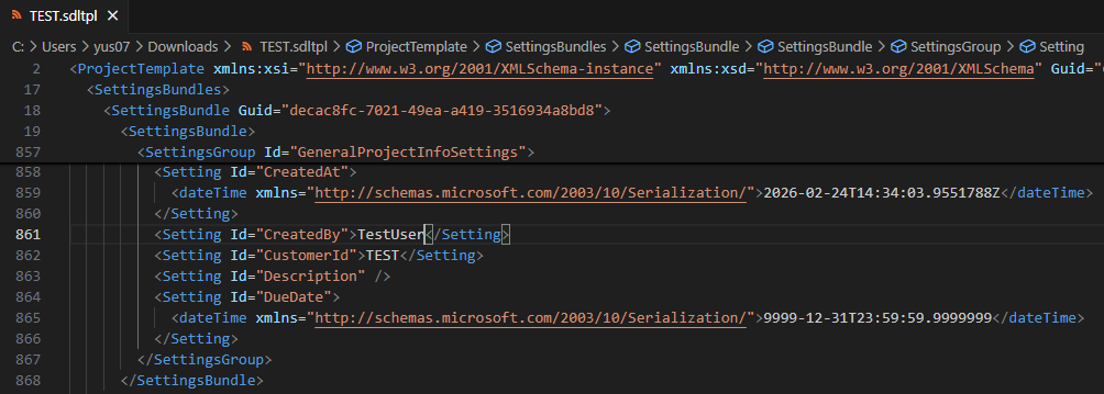 Code editor showing XML content for a template file. Includes SettingsBundle, SettingsGroup, and settings like CreatedAt, CreatedBy, CustomerId, and DueDate.