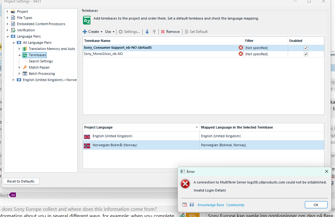 Project settings window showing termbases with a red error icon and a message box stating 'A connection to MultiTerm Server logs08.sdlproducts.com could not be established. Invalid Login Details.'