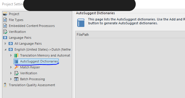 Screenshot of the Project Settings menu with AutoSuggest Dictionaries selected, showing a description and an empty FilePath section.