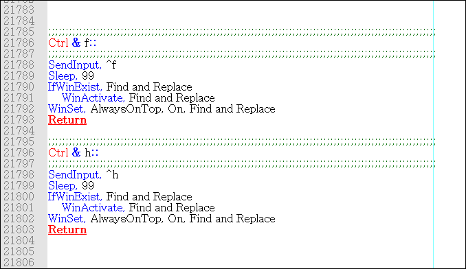 Screenshot of Trados Studio script editor showing code for keyboard shortcuts 'Ctrl f' and 'Ctrl h' with commands such as SendInput, Sleep, IfWinExist, WinActivate, WinSet, and Return.
