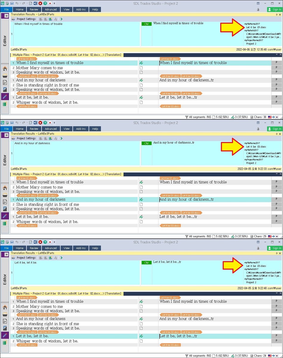 Screenshot of Trados Studio interface showing the 'RecordSourceTU' app recording the file name correctly in the 'Translation Results' pane for multiple files.