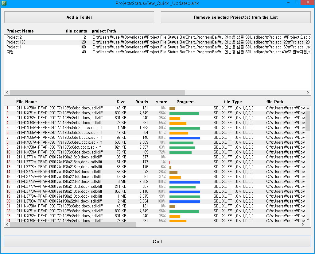 Screenshot of Trados Studio's ProjectsStatusView with a list of projects showing project names, file counts, and paths. No visible errors or warnings.