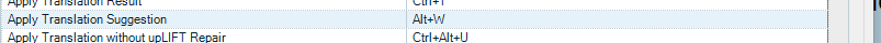 Screenshot of keyboard shortcuts settings showing 'Apply Translation Result' mapped to Ctrl+F, 'Apply Translation Suggestion' to Alt+W, and 'Apply Translation without upLIFT Repair' to Ctrl+Alt+U.