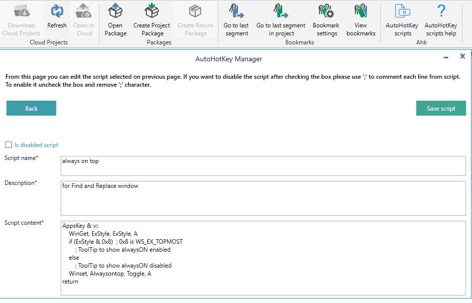 AutoHotKey Manager script editing window with 'always on top' script for Find and Replace window, including script content.
