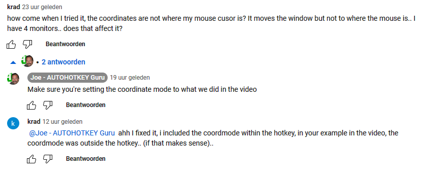 Screenshot of a user's comment asking for help about their script not moving the window to the mouse cursor, mentioning they have 4 monitors.