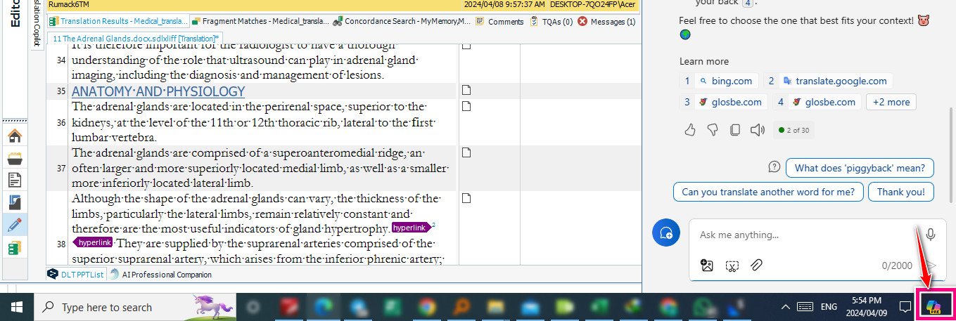 Screenshot of Trados Studio software showing a text document in the Editor view with highlighted text and a Copilot preview icon in the system tray indicated by a red arrow.