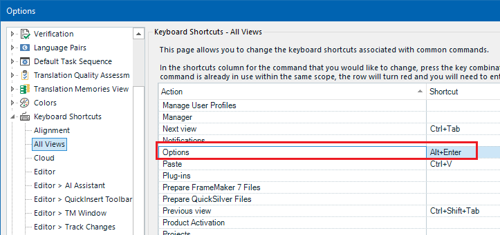 Screenshot of the Trados Studio Options menu showing the Keyboard Shortcuts section. The 'Options' action is highlighted with the shortcut 'Alt+Enter' displayed.