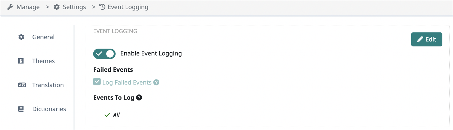 Trados Studio Event Logging settings page showing 'Enable Event Logging' toggled on, 'Log Failed Events' checked, and 'Events To Log' set to 'All'. An 'Edit' button is visible on the top right.