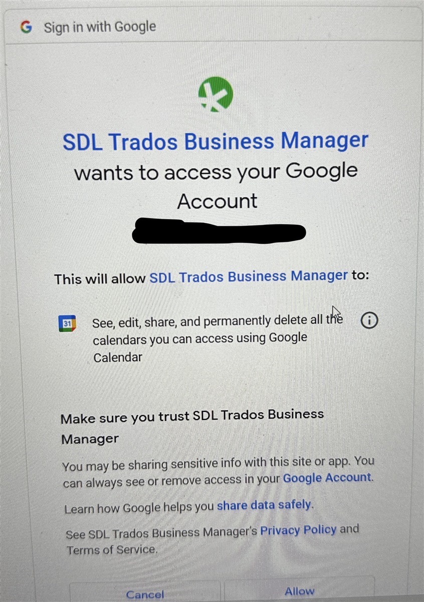 Permission request page showing SDL Trados Business Manager wants to access the Google Account with options to cancel or allow.