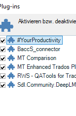 Screenshot of Trados Studio showing a list of activated plug-ins with BaccS_connector highlighted, not TBM_Connector.