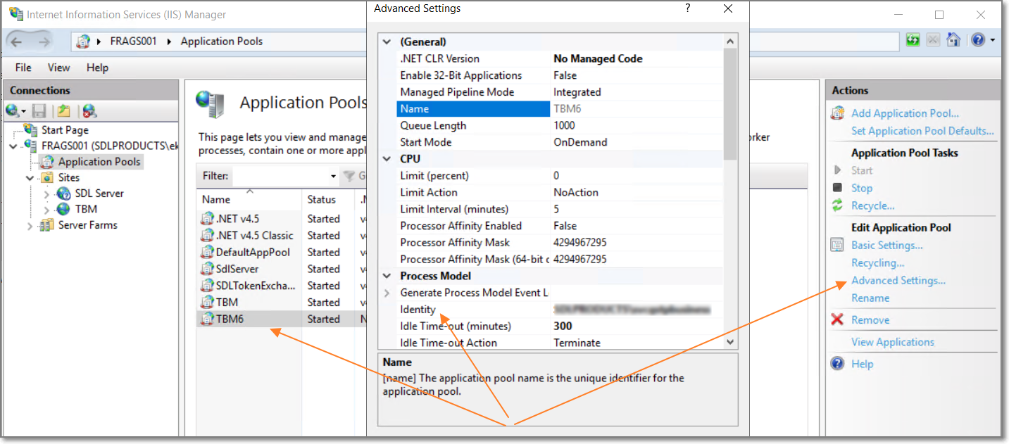 Screenshot of Internet Information Services (IIS) Manager showing Application Pools list with TBM and TBM6 started. Advanced Settings window open with 'No Managed Code' for .NET CLR Version and TBM6 selected.